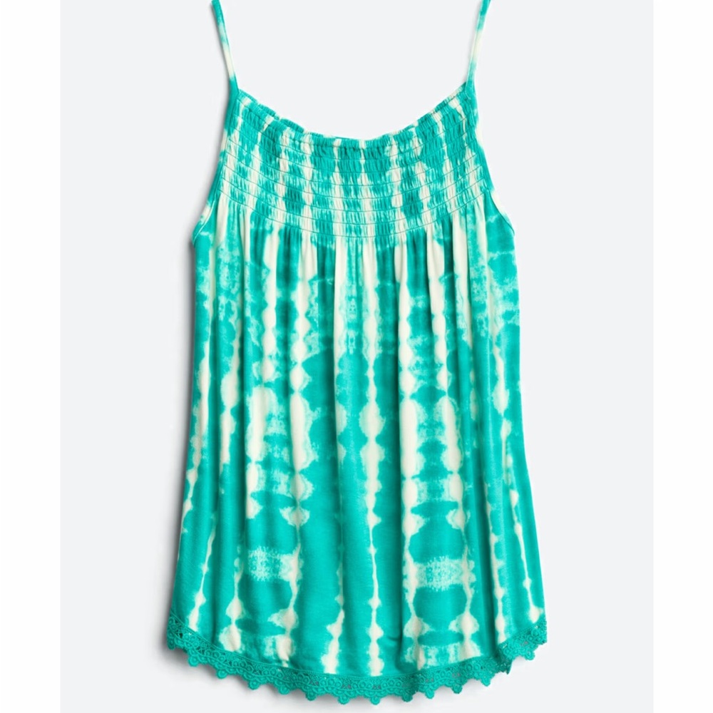 LUQ Julie Crochet Trim Knit Tank Women's Teal Tie-Dye Top